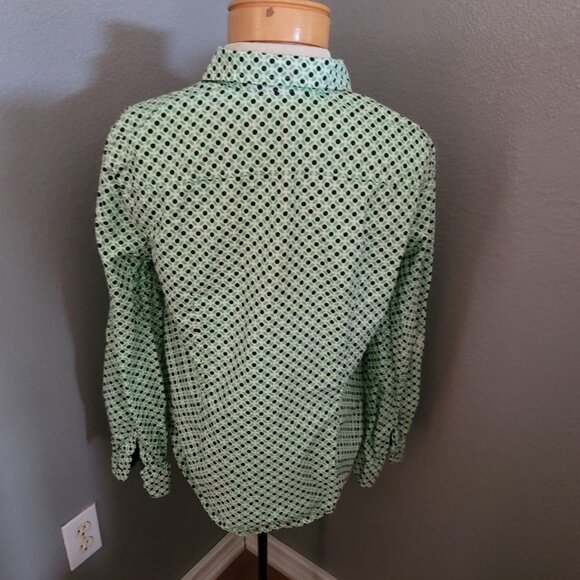 Talbots Blouse Women's Size 12P Green Black Dots Bracelet Sleeve Button Up - Picture 3 of 6